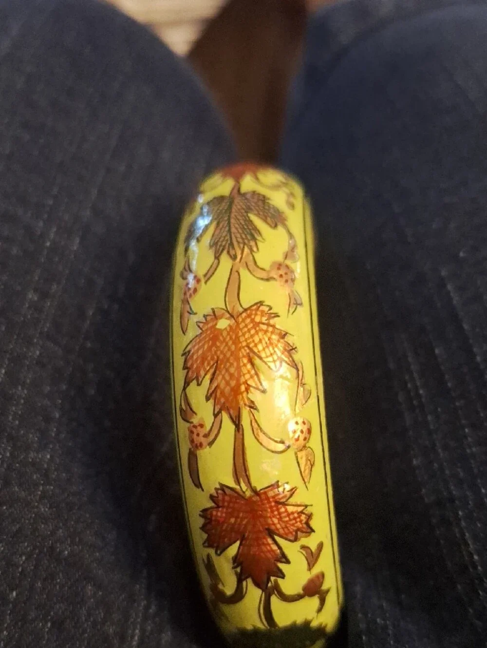 Antique Wood Lime Green & Gold Bronze Leaf Cuff 2.5